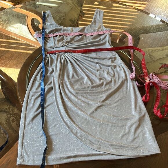 Dressbarn Size Petite 4 Sparkling Silver Metallic Sleeveless Ruched Mini Dress - Picture 13 of 13